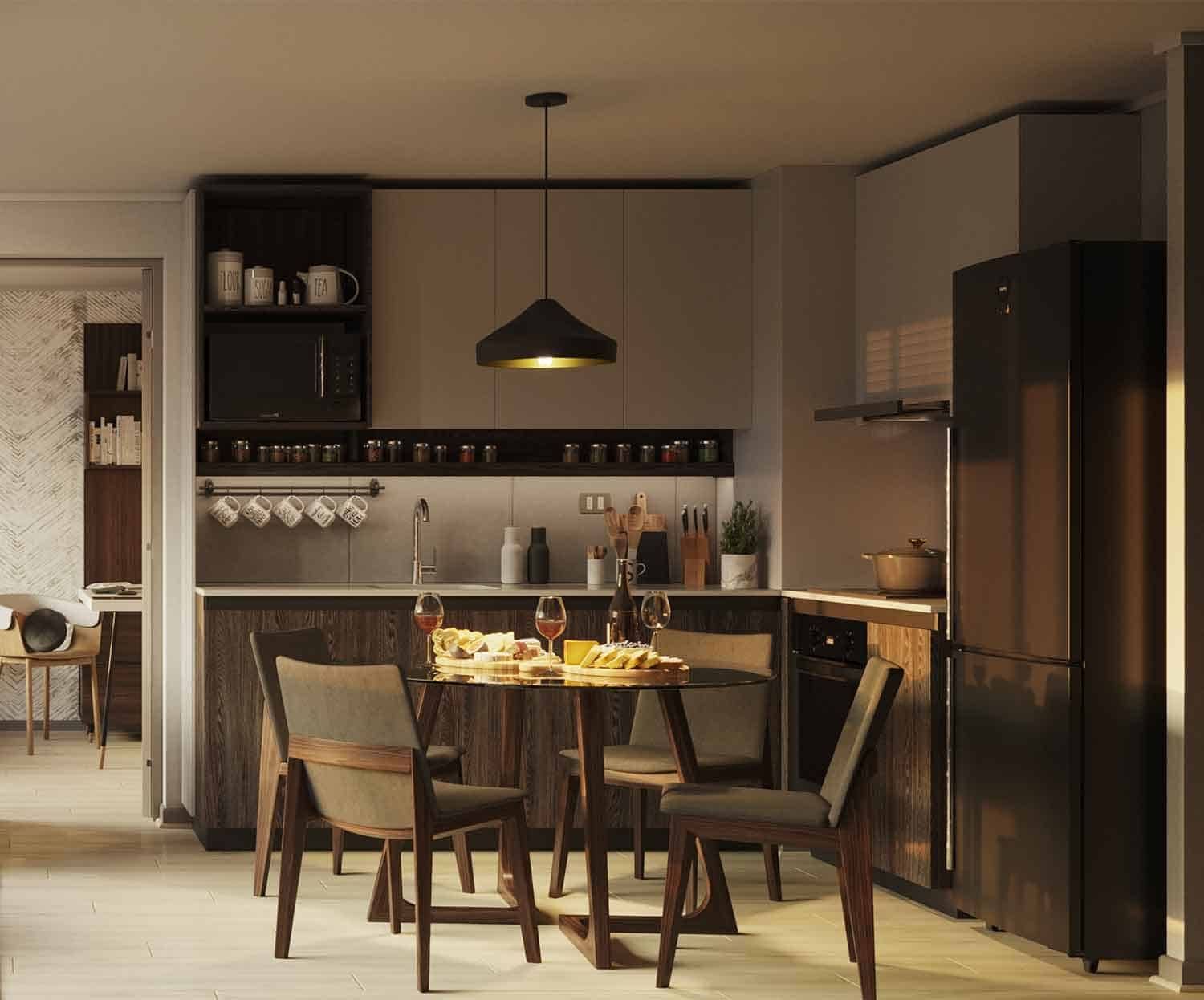 Imagen referencial (render): cocina de un departamento en Aldunate