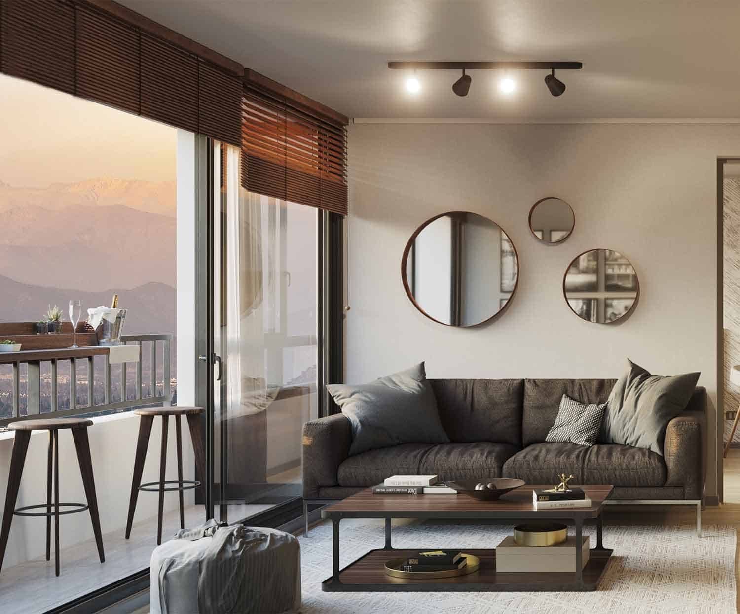 Imagen referencial (render): living de un departamento en Aldunate